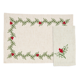 8076 - Embrd Holly 14X20 Placemat And 20 Napkin -Set Of 8